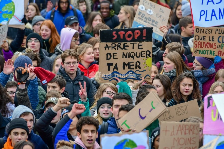 Illustration picture shows a student strike action during a gather of the youth Liege for climate. 15.000 students affected by climate problems have walked the streets of Liege. This is the second action of the students of Liege for the climate, Thursday 31 January 2019 in Liege, Belgium