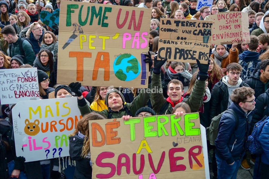 Participants gather at Liege Guillemins train station, during a gather of the youth Liege for climate. 15.000 students affected by climate problems have walked the streets of Liege. This is the second action of the students of Liege for the climate, Thursday 31 January 2019 in Liege, Belgium