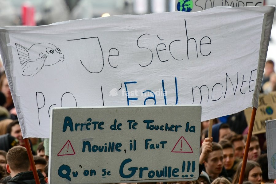 Illustration picture shows a student strike action during a gather of the youth Liege for climate. 15.000 students affected by climate problems have walked the streets of Liege. This is the second action of the students of Liege for the climate, Thursday 31 January 2019 in Liege, Belgium