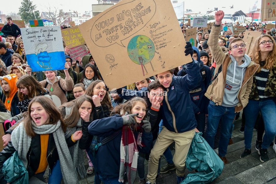 Illustration picture shows a student strike action during a gather of the youth Liege for climate. 15.000 students affected by climate problems have walked the streets of Liege. This is the second action of the students of Liege for the climate, Thursday 31 January 2019 in Liege, Belgium