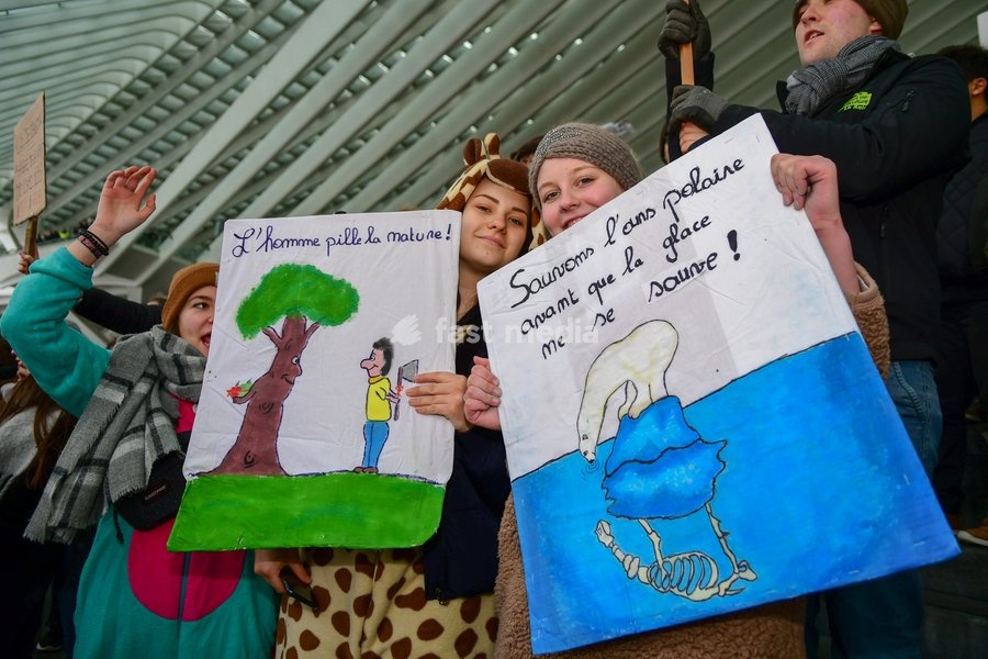 Illustration picture shows a student strike action during a gather of the youth Liege for climate. 15.000 students affected by climate problems have walked the streets of Liege. This is the second action of the students of Liege for the climate, Thursday 31 January 2019 in Liege, Belgium