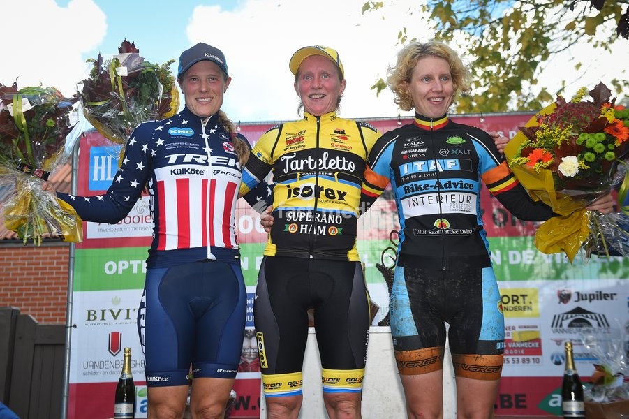 US Katie Compton, Belgian Kim Van De Steene and Belgian Joyce Vanderbeken pictured on the podium after the women's elite race of the Kermiscross cyclocross event in Ardooie, Thursday 17 October 2019