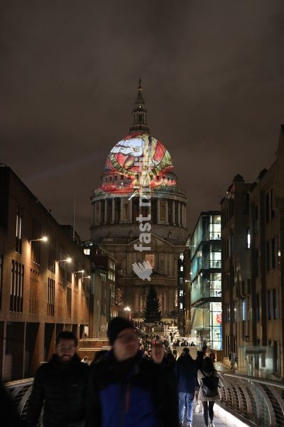 The iconic dome of St Paul's Cathedral is illuminated with William Blake's final masterpiece 'Ancient of Days ,to celebrate the artist's birthday. 27 Nov 2019