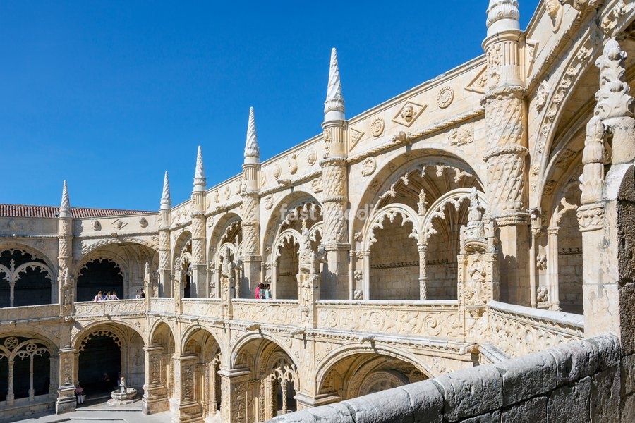 Lisbon, Portugal. The cloister of the Mosteiro dos Jeronimos, or the Monastery of the Hieronymites. The monastery is considered a triumph of Manueline architecture and is a UNESCO World Heritage Site