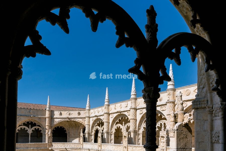 Lisbon, Portugal. The cloister of the Mosteiro dos Jeronimos, or the Monastery of the Hieronymites. The monastery is considered a triumph of Manueline architecture and is a UNESCO World Heritage Site