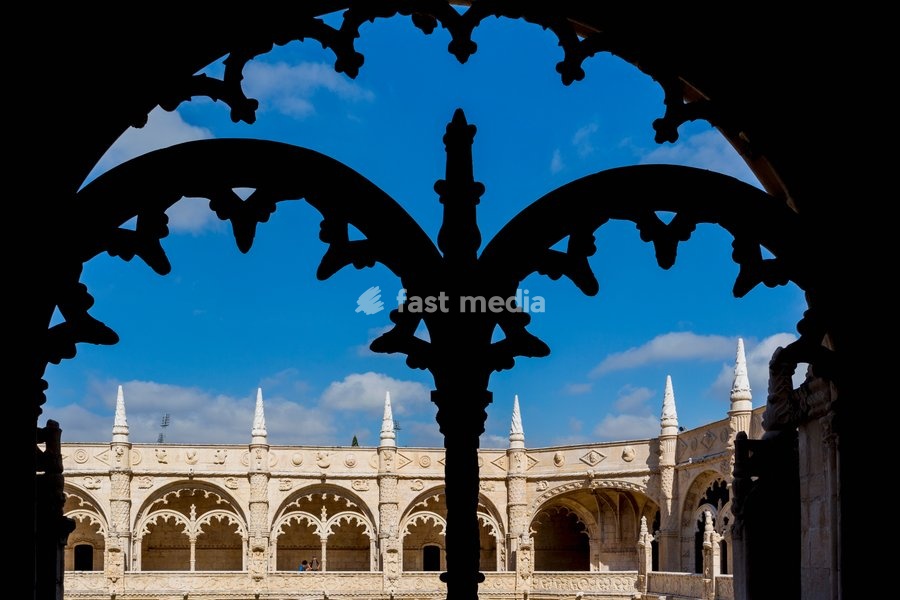 Lisbon, Portugal. The cloister of the Mosteiro dos Jeronimos, or the Monastery of the Hieronymites. The monastery is considered a triumph of Manueline architecture and is a UNESCO World Heritage Site