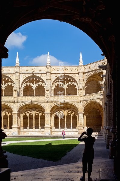 Lisbon, Portugal. The cloister of the Mosteiro dos Jeronimos, or the Monastery of the Hieronymites. The monastery is considered a triumph of Manueline architecture and is a UNESCO World Heritage Site