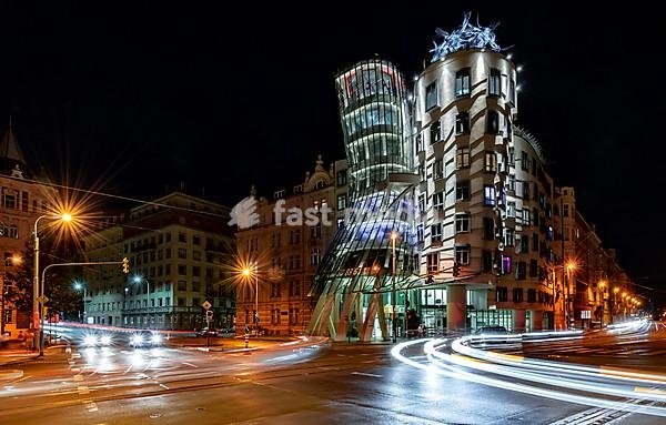 Dancing House, Ginger and Fred, architect Frank Gehry, trails of light, night scene, Prague, Czech Republic