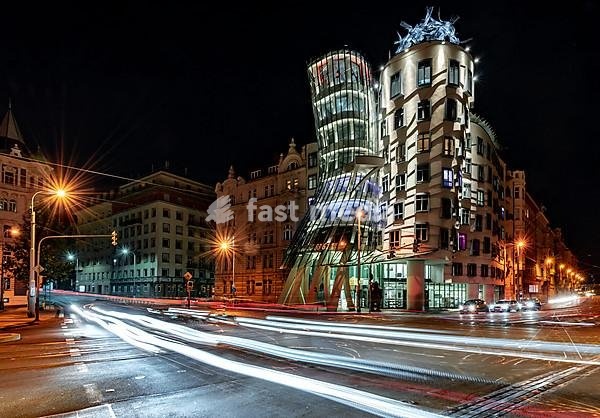 Dancing House, Ginger and Fred, architect Frank Gehry, trails of light, night scene, Prague, Czech Republic