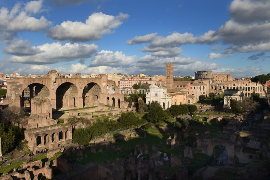 Left: The Basilica of Maxentius and Constantine in the Roman Forum. Construction began on the northern side of the forum under the emperor Maxentius in 308 AD, and was completed in 312 by Constantine I. Center: Santa Francesca Romana church. Right: The Colosseum (or Coliseum) and the arch of Titus.…