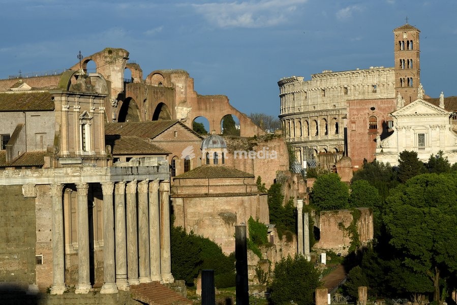 The Roman Forum seen from Capitol Hill. The Forum is a rectangular forum surrounded by the ruins of several important ancient government buildings at the center of the city of Rome. From left to right : The Temple of Antoninus and Faustina, the basilica of Maxentius and Constantine, the temple of…