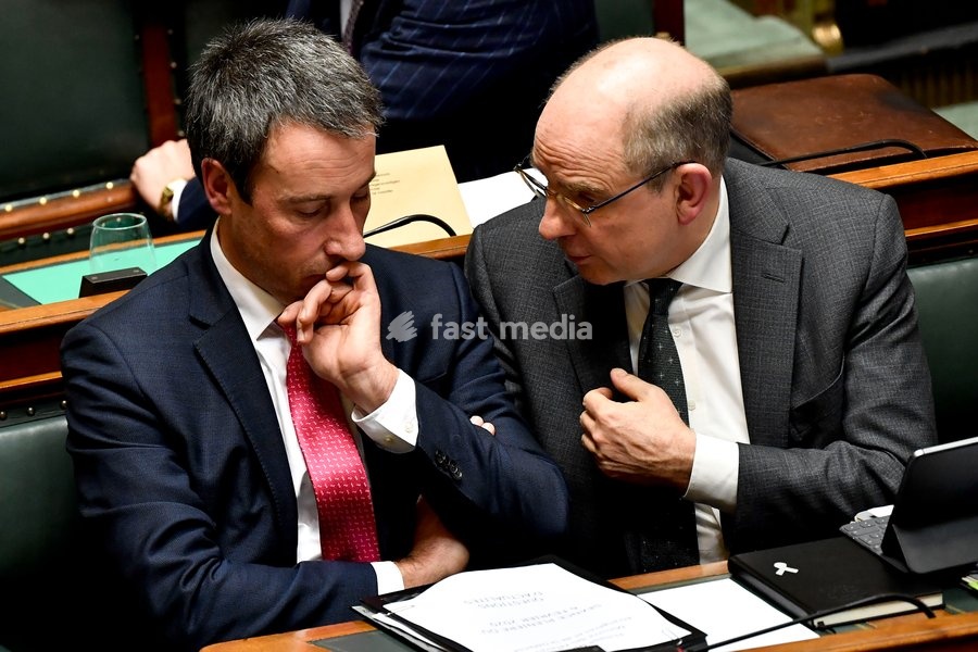 Minister of Foreign Affairs and Defence Philippe Goffin and Minister of Justice Koen Geens pictured during a plenary session of the chamber at the federal parliament in Brussels, Thursday 06 February 2020