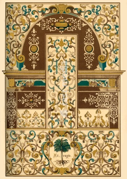 German Renaissance ceiling and wall painting, (1898). 'Fig 1: Spandril on wall compartments. Fig 2: Panel in a window flanning. Figs 3 and 4: Decorations of columns. Fig 5: Decoration on the window parapets. Figs 6 and 7: Middle and corner pieces at the friezes bordering the wall compartments. Figs…