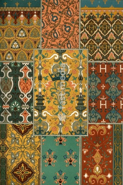 French Renaissance carpet painting, (1898). Details from walls painted to look like carpets or tapestries: 'Figs 1-9:. Painted carpet-patterns in the Castle at Blois [Château de Blois] from the time of François I [16th century]'. Plate 61 from "The Historic Styles of Ornament" translated from the…