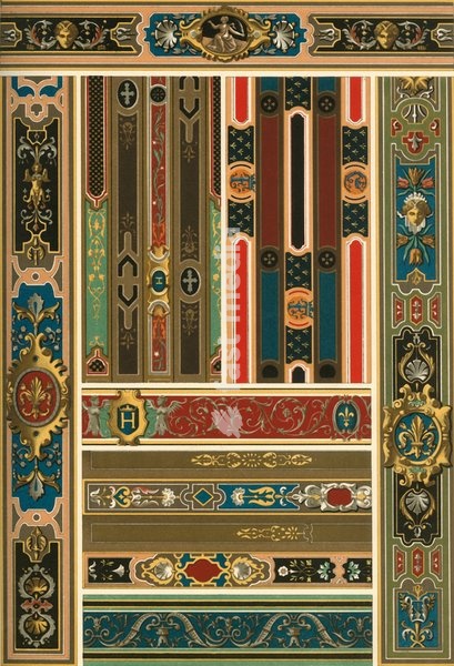 French Renaissance ceiling painting, (1898). 'Figs 1 and 3: Painted ceilings of timbers in the Castle at Blois (François I), [16th century]. Figs 2 and 4: Painted binding-beams on the same ceilings. Fig 5: Painted span-ceiling in the Castle at Wideville (Louis XIII), [17th century]. Figs 6, 7 and…