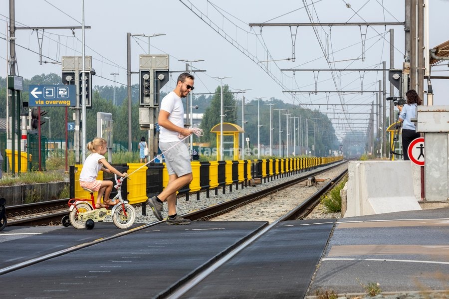 Illustration picture shows a press moment of railway infrastructure company Infrabel, at the train station of Londerzeel, Thursday 13 August 2020. Infrabel will install a pilot project at the train station, to prevent people from running on the tracks