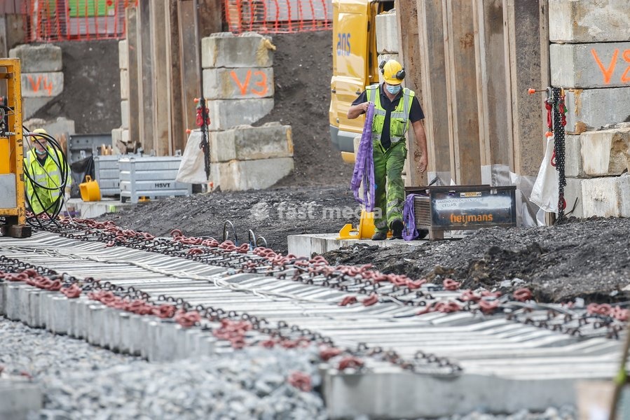 Illustration picture shows a railway infrastructure works of Infrabel, at the railway road Namur-Charleroi, in Floreffe, Saturday 05 September 2020. Infrabel will install a block of 6100 ton to renew a track of 1km, including four switches