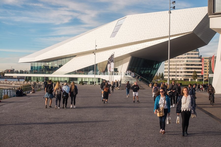 Pedestrians are seen outside the Eye Film Museum in Amsterdam, The Netherlands