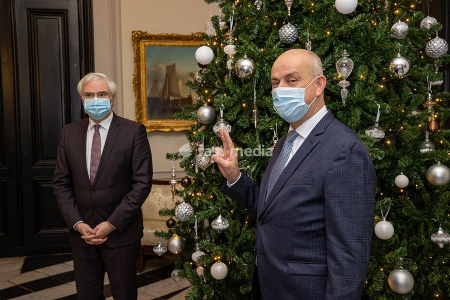West-Flanders province governor Carl Decaluwe, Meulebeke new mayor Dirk Verwilst pictured during the oath ceremony for the new mayor of Meulebeke, Friday 18 December 2020, at the province governor's offices in Brugge