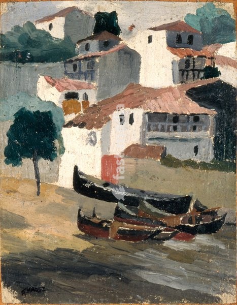 Dominguez Alvarez, 1906–1942. "Paisagem – Casario e barcos" (Landscape - Casario and boats). Oil on canvas and wood, 19.5 × 15.4 cm. Lisbon, Museu Calouste Gulbenkian