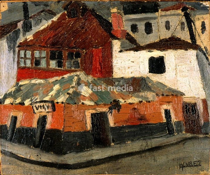 Dominguez Alvarez, 1906–1942. "Untitled (Rua com casas)" (Untitled (Street with houses)). Oil on canvas and cardboard, 17.8 × 21.2 cm. Lisbon, Museu Calouste Gulbenkian