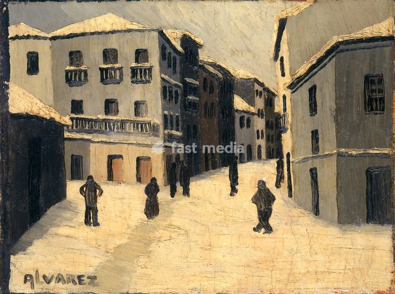 Dominguez Alvarez, 1906–1942. "Untitled (Aspeto de rua com figuras)" (Untitled (Street view with figures)). Oil on canvas, 33.3 × 43 cm. Lisbon, Museu Calouste Gulbenkian