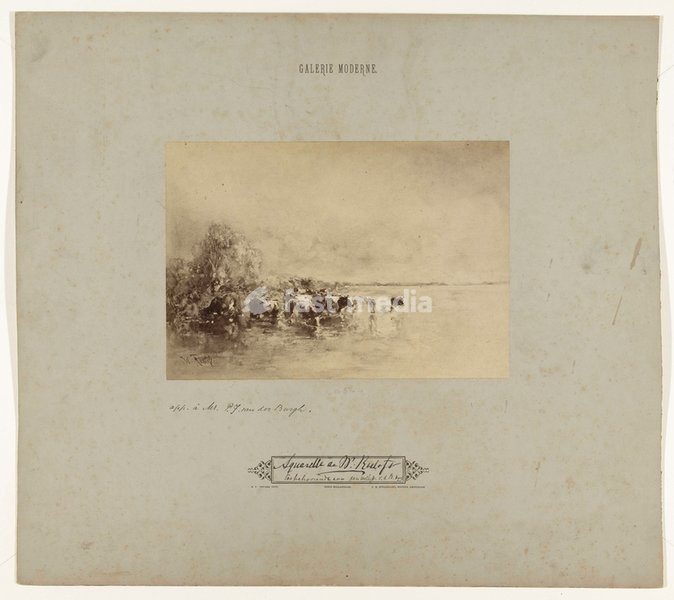 Photo reproduction of watercolor Cows at the bank of a pool in the water. Photo, 1875–1890, Maurits Verveer. Inv. Nr. RP-F–1999–122 Amsterdam, Rijksmuseum