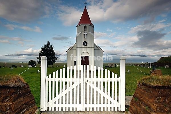 Cemetery gate and church, Museum village, Glaumbær, North Iceland, Iceland