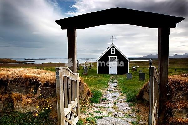 Cemetery gate, Church, Court chapel, Bjarnahöfn, Snæfellsnes, Snäfellsnes peninsula, West coast, Iceland