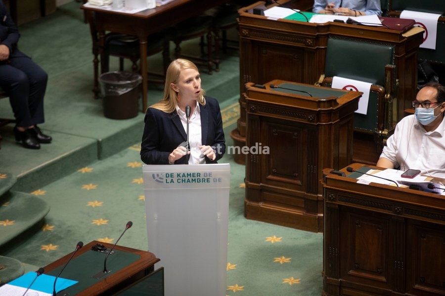 PS' Melissa Hanus pictured during a plenary session of the chamber at the federal parliament in Brussels, Thursday 15 July 2021