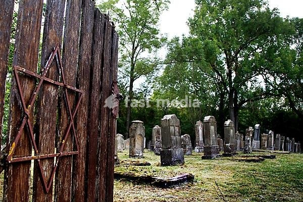 Entrance gate Jewish cemetery, wooden gate with Star of David, gravestones, grave monuments, Green Belt, border path, Berkach, municipality of Grabfeld, Thuringian Forest, Thuringia, Germany