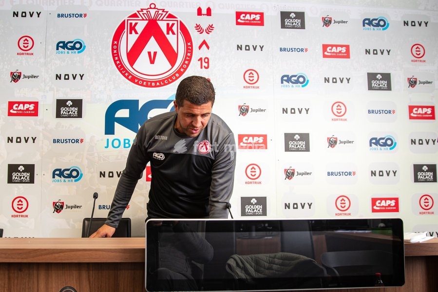 Kortrijk's new head coach Karim Belhocine pictured during a press moment with KV Kortrijk new coach, Wednesday 13 October 2021 in Kortrijk