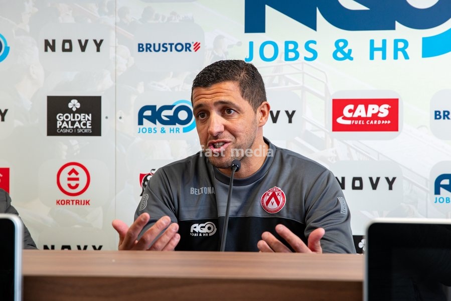 Kortrijk's new head coach Karim Belhocine pictured during a press moment with KV Kortrijk new coach, Wednesday 13 October 2021 in Kortrijk