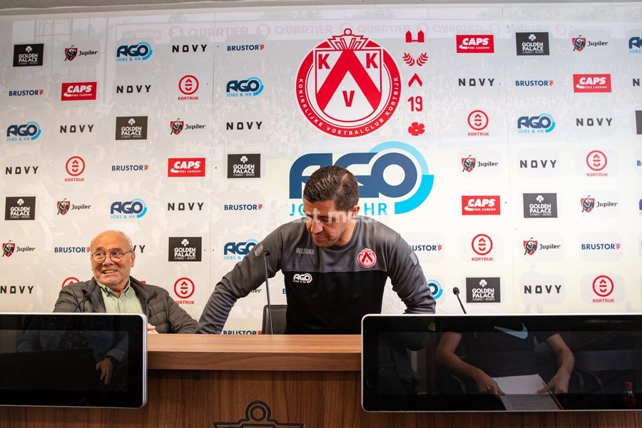 Kortrijk's spokesman Eddy Soetaert and Kortrijk's new head coach Karim Belhocine pictured during a press moment with KV Kortrijk new coach, Wednesday 13 October 2021 in Kortrijk