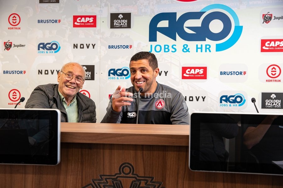 Kortrijk's spokesman Eddy Soetaert and Kortrijk's new head coach Karim Belhocine pictured during a press moment with KV Kortrijk new coach, Wednesday 13 October 2021 in Kortrijk