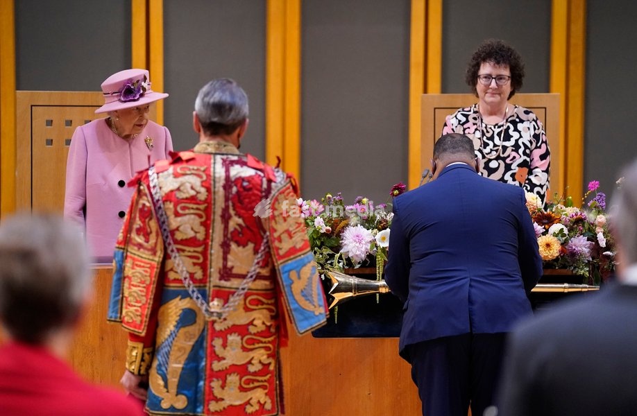 Queen Elizabeth II (left) and Llywydd (presiding officer) Elin Jones (right) arrive inside the Siambr (Chamber) during the ceremonial opening of the Sixth Senedd in Cardiff. Picture date: Thursday October 14, 2021
