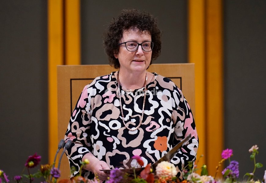 Llywydd (presiding officer) Elin Jones gives her opening remarks inside the Siambr (Chamber) during the ceremonial opening of the Sixth Senedd in Cardiff. Picture date: Thursday October 14, 2021