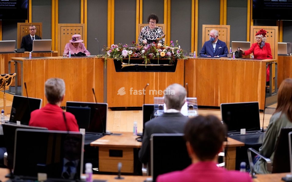 Llywydd (presiding officer) Elin Jones (centre) gives her opening remarks inside the Siambr (Chamber) during the ceremonial opening of the Sixth Senedd in Cardiff. Picture date: Thursday October 14, 2021