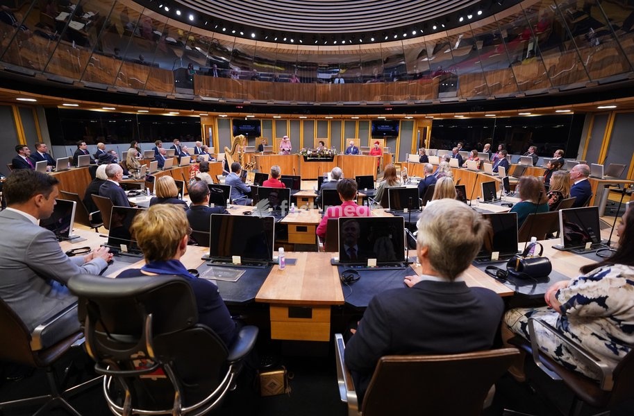 Queen Elizabeth II addresses the Senedd inside the Siambr (Chamber) during the ceremonial opening of the Sixth Senedd in Cardiff. Picture date: Thursday October 14, 2021