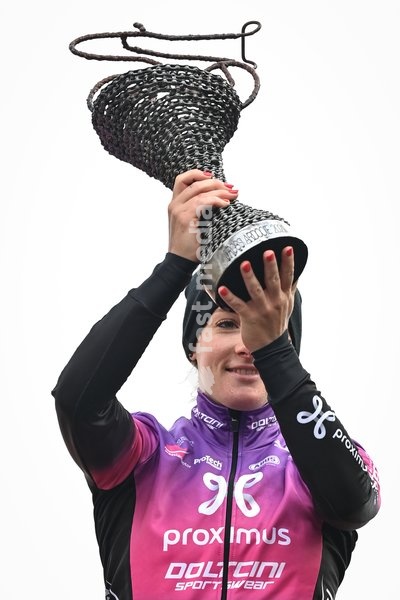 Belgian Alicia Franck celebrates on the podium after winning the women's elite race of the Kermiscross cyclocross event in Ardooie, Thursday 21 October 2021