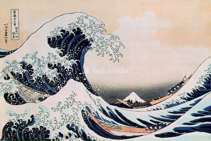 This woodcut is from Hokusai’s series of woodblock prints titled ’36 Views of Mount Fuji’.<br/><br/> Hokusai (1760-1849) was first and foremost a ‘ukiyo-e’ (floating world) painter of the Edo period. In this woodcut, he shows Mount Fuji in the background. The raging waves in this illustration are…