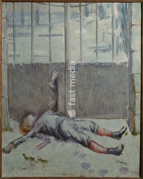 Théophile-Alexandre Steinlen, 1859–1923. "L'enfant mort devant la porte du cimetière" (The dead child in front of the cemetery gate), c. 1895/1900. Oil on canvas, 41 × 33 cm. Private collection
