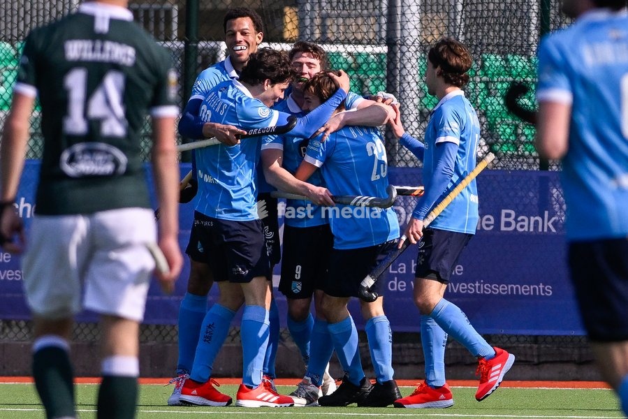 Braxgata's Manuel Bordas Fabregas celebrates with his teammates after scoring a hockey game between Waterloo Ducks HC and Braxgata, Sunday 06 March 2022 in Waterloo, on the 14th day of the men's Belgian League season 2021-2022