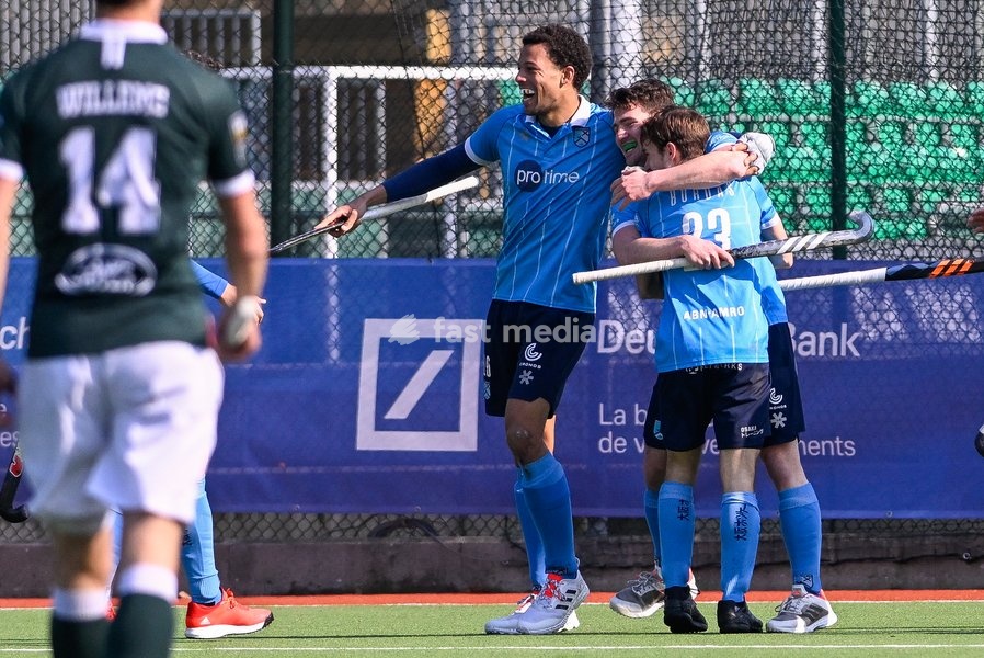 Braxgata's Manuel Bordas Fabregas celebrates with his teammates after scoring a hockey game between Waterloo Ducks HC and Braxgata, Sunday 06 March 2022 in Waterloo, on the 14th day of the men's Belgian League season 2021-2022