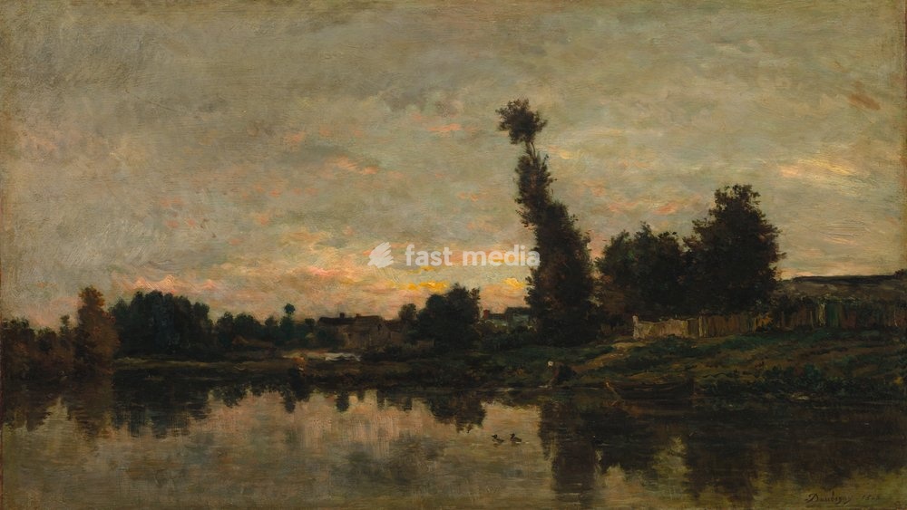 Charles François Daubigny, 1817–1878. "Sunset on the River Oise", 1866. Painting, Oil on wood panel, 85.1 × 9 cm. Inv. No. 1964.289, Cleveland, Museum of Art