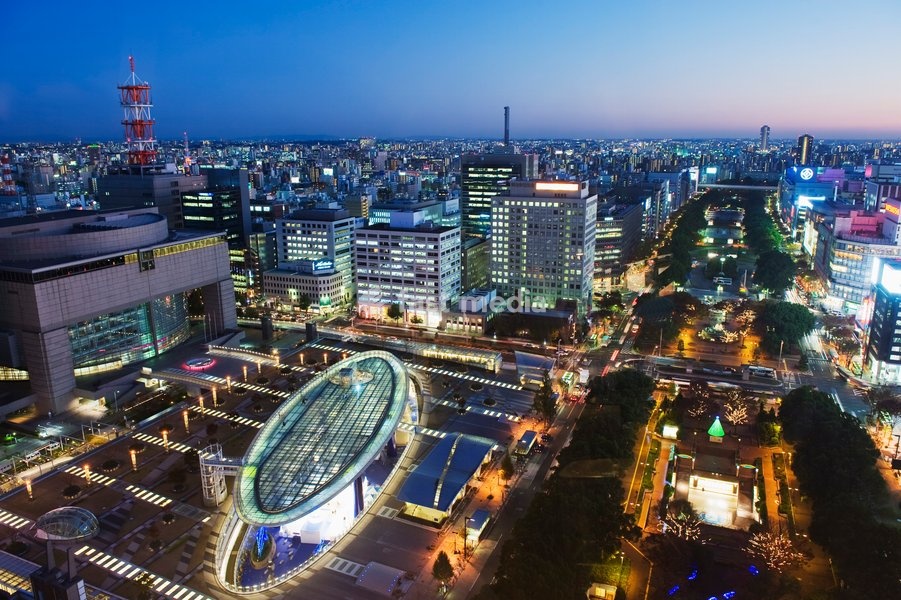 Oasis 21 and city skyline, Nagoya city, Gifu Prefecture, Japan, Asia