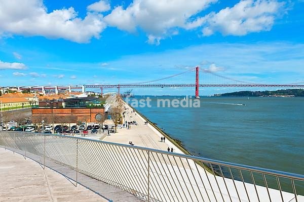25 April Bridge, former Salazar Bridge, over the Tagus as seen from the roof of MAAT, Museum of Art, Architecture and Technology, Lisbon, Portugal