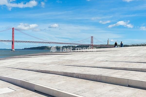 25 April Bridge, former Salazar Bridge, over the Tagus as seen from the roof of MAAT, Museum of Art, Architecture and Technology, Lisbon, Portugal