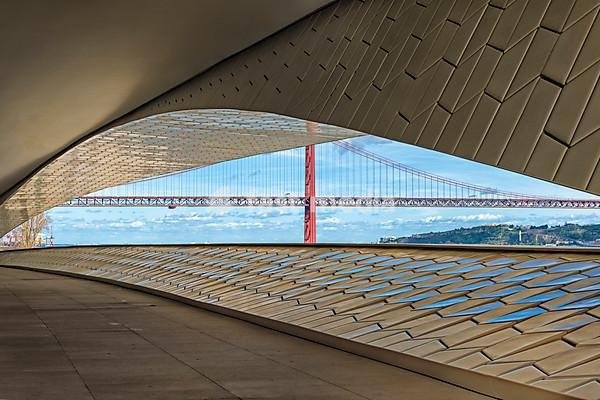 25 April Bridge, former Salazar Bridge, over the Tagus as seen from MAAT, Museum of Art, Architecture and Technology, Lisbon, Portugal