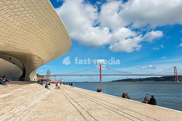 25 April Bridge, former Salazar Bridge, over the Tagus as seen from MAAT, Museum of Art, Architecture and Technology, Lisbon, Portugal